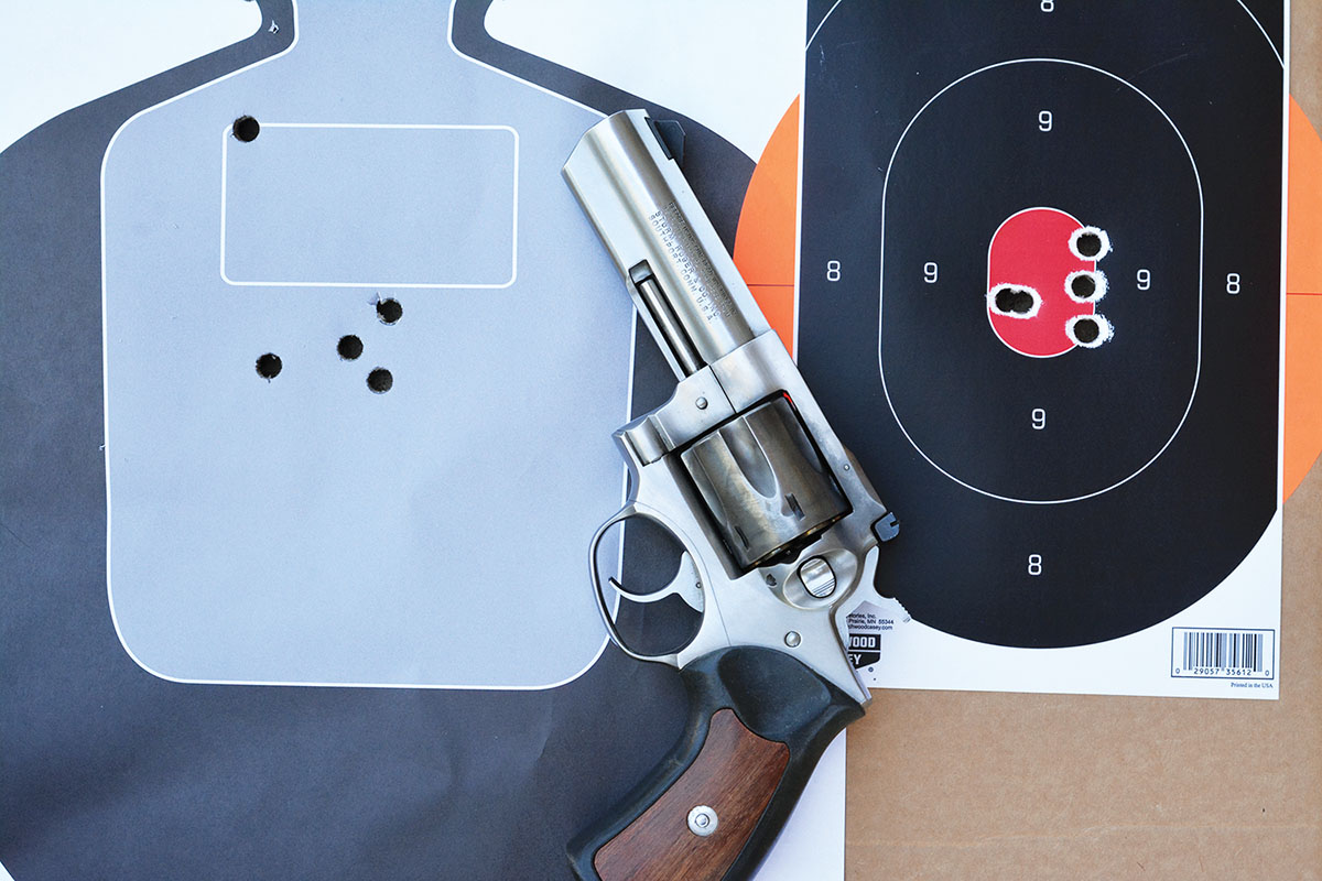 These targets were each fired at 25 yards. The target on the left was fired in double-action mode, while the target on the right was fired in single-action mode with the aid of sandbag rests.